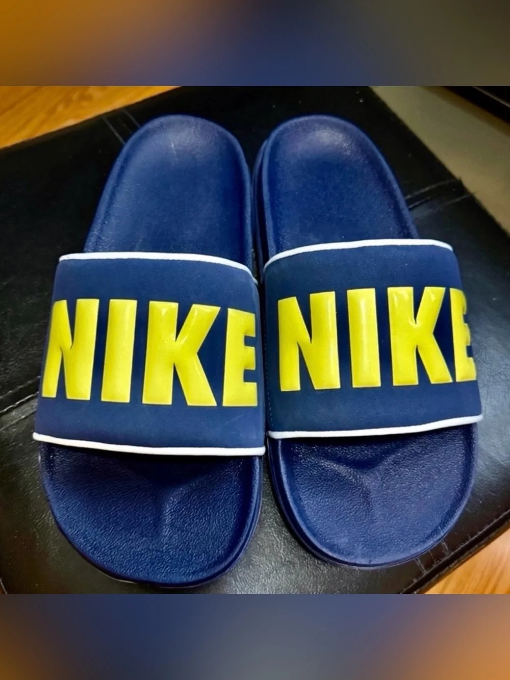 Nike Kids Blue Slides with Yellow Logo